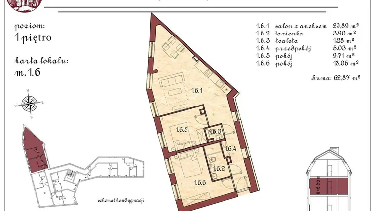 Rzut - Mieszkanie na sprzedaż 3 pokoje o powierzchni 63,72 m² - numer 6 w Krzywoustnego 295