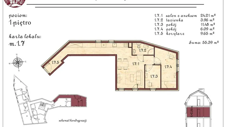 Rzut - Mieszkanie na sprzedaż 3 pokoje o powierzchni 55,39 m² - numer 7 w Krzywoustnego 295