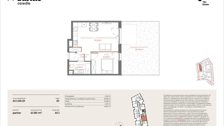 Rzut - Mieszkanie na sprzedaż 2 pokoje o powierzchni 41,9 m² - numer A1.1-00.01 w Sarnie Osiedle
