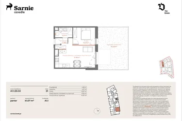 Rzut - Mieszkanie na sprzedaż 2 pokoje o powierzchni 41,07 m² - numer A1.1-00.02 w Sarnie Osiedle