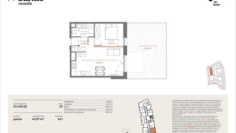 Rzut - Mieszkanie na sprzedaż 2 pokoje o powierzchni 41,07 m² - numer A1.1-00.02 w Sarnie Osiedle