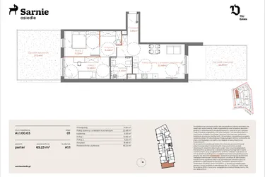Rzut - Mieszkanie na sprzedaż 3 pokoje o powierzchni 65,23 m² - numer A1.1-00.03 w Sarnie Osiedle