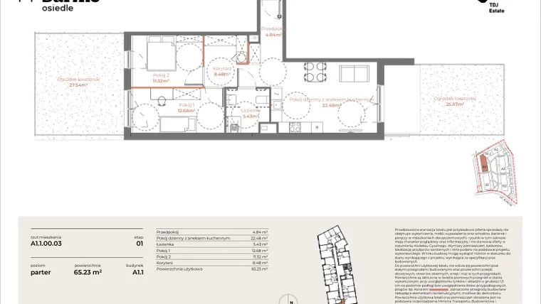 Rzut - Mieszkanie na sprzedaż 3 pokoje o powierzchni 65,23 m² - numer A1.1-00.03 w Sarnie Osiedle