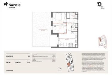 Rzut - Mieszkanie na sprzedaż 3 pokoje o powierzchni 51,47 m² - numer A1.1-00.05 w Sarnie Osiedle