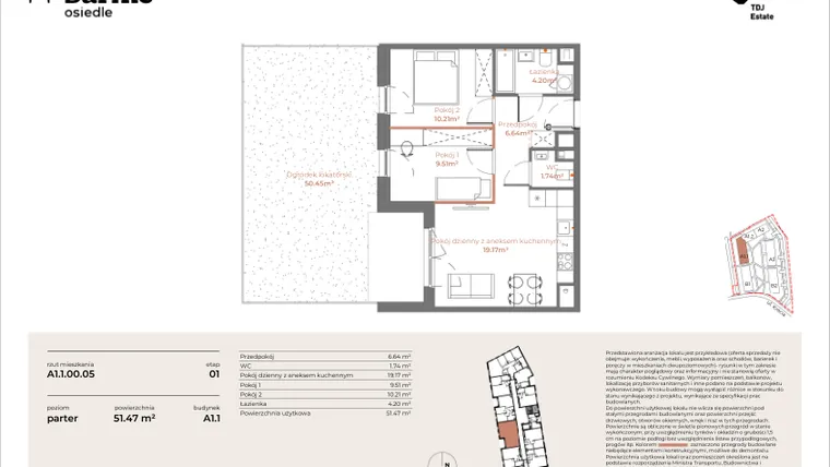 Rzut - Mieszkanie na sprzedaż 3 pokoje o powierzchni 51,47 m² - numer A1.1-00.05 w Sarnie Osiedle