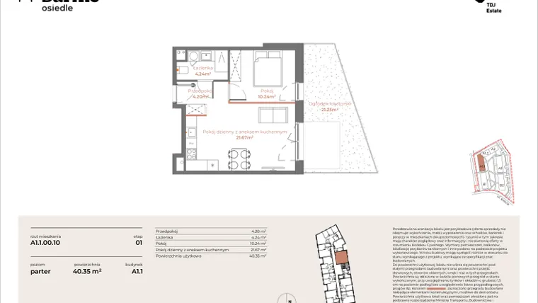 Rzut - Mieszkanie na sprzedaż 2 pokoje o powierzchni 40,35 m² - numer A1.1-00.10 w Sarnie Osiedle