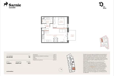 Rzut - Mieszkanie na sprzedaż 2 pokoje o powierzchni 41,07 m² - numer A1.1-01.02 w Sarnie Osiedle