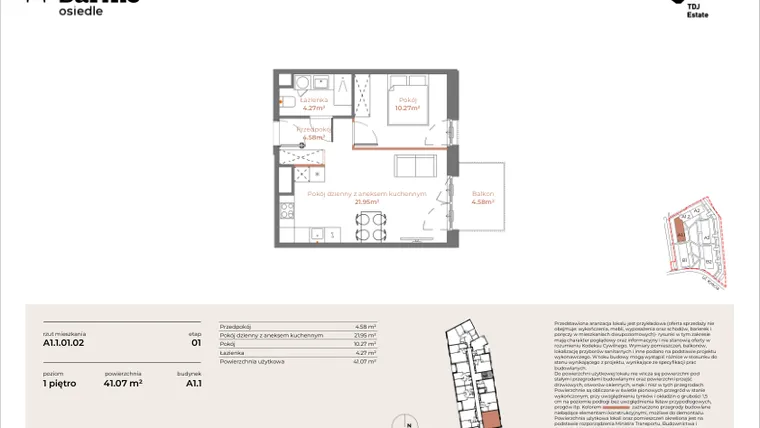 Rzut - Mieszkanie na sprzedaż 2 pokoje o powierzchni 41,07 m² - numer A1.1-01.02 w Sarnie Osiedle