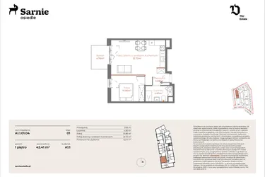 Rzut - Mieszkanie na sprzedaż 2 pokoje o powierzchni 42,41 m² - numer A1.1-01.04 w Sarnie Osiedle
