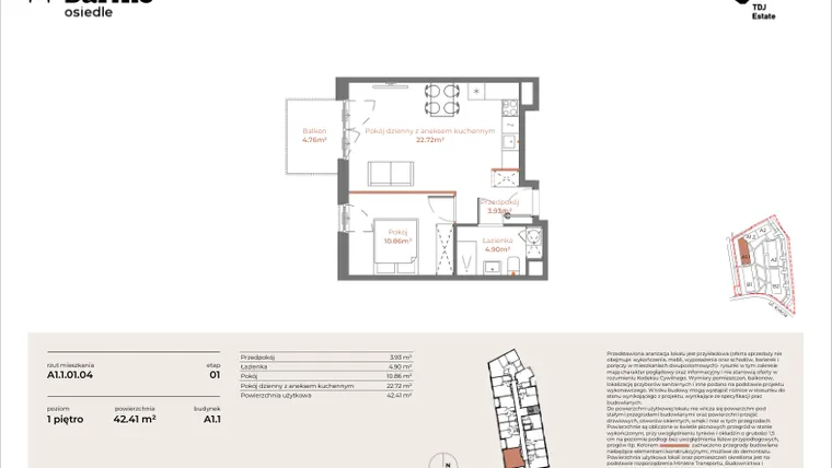 Rzut - Mieszkanie na sprzedaż 2 pokoje o powierzchni 42,41 m² - numer A1.1-01.04 w Sarnie Osiedle