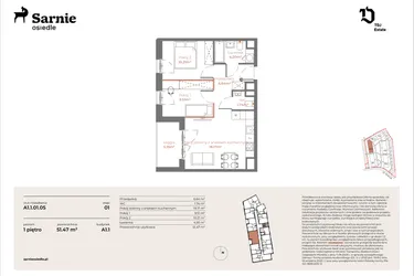 Rzut - Mieszkanie na sprzedaż 3 pokoje o powierzchni 51,47 m² - numer A1.1-01.05 w Sarnie Osiedle