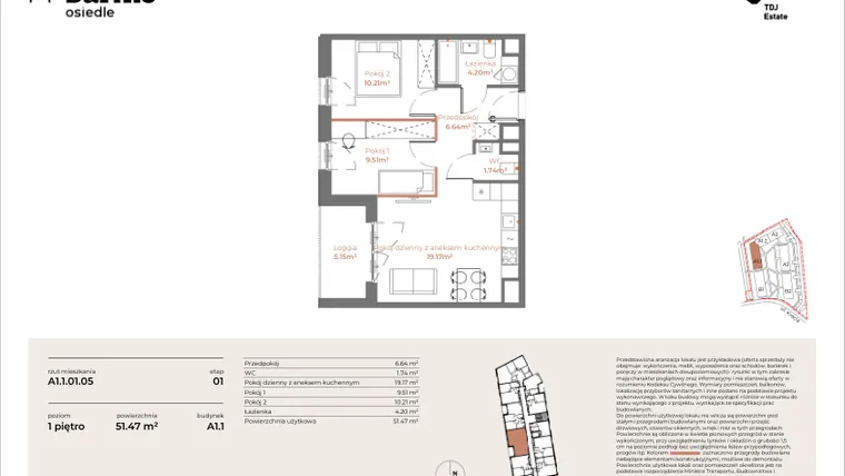 Rzut - Mieszkanie na sprzedaż 3 pokoje o powierzchni 51,47 m² - numer A1.1-01.05 w Sarnie Osiedle
