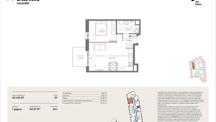 Rzut - Mieszkanie na sprzedaż 2 pokoje o powierzchni 42,41 m² - numer A1.1-01.07 w Sarnie Osiedle