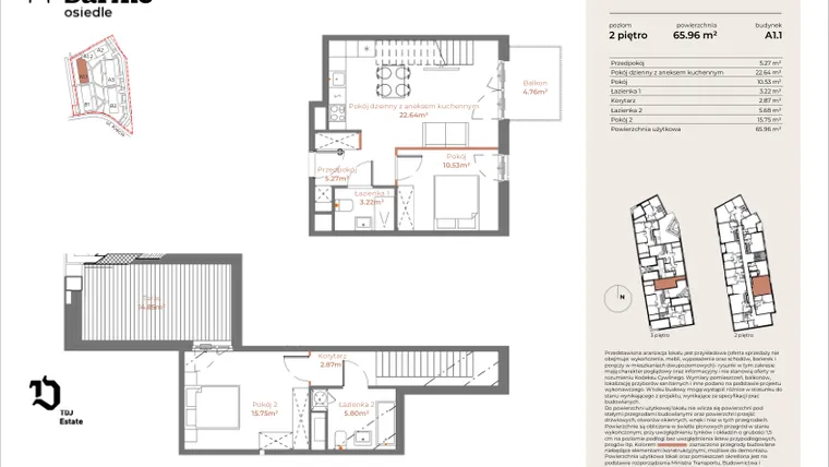Rzut - Mieszkanie na sprzedaż 3 pokoje o powierzchni 65,96 m² - numer A1.1-02.01 w Sarnie Osiedle