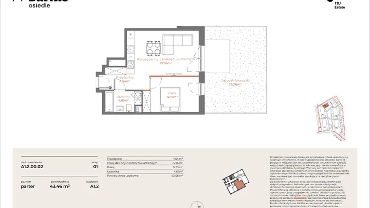 Rzut - Mieszkanie na sprzedaż 2 pokoje o powierzchni 43,46 m² - numer A1.2-00.02 w Sarnie Osiedle