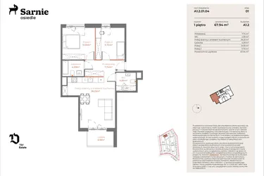 Rzut - Mieszkanie na sprzedaż 3 pokoje o powierzchni 67,94 m² - numer A1.2-01.04 w Sarnie Osiedle