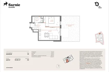 Rzut - Mieszkanie na sprzedaż 2 pokoje o powierzchni 43,46 m² - numer A2-00.03 w Sarnie Osiedle