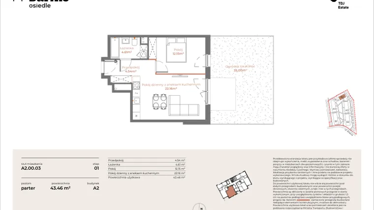 Rzut - Mieszkanie na sprzedaż 2 pokoje o powierzchni 43,46 m² - numer A2-00.03 w Sarnie Osiedle