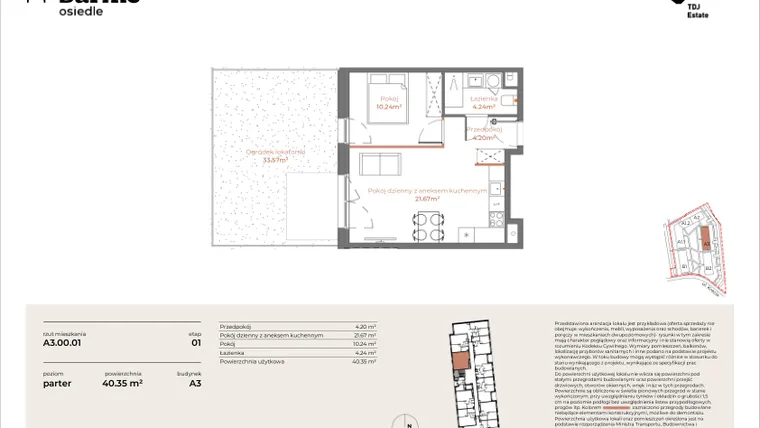 Rzut - Mieszkanie na sprzedaż 2 pokoje o powierzchni 40,35 m² - numer A3-00.01 w Sarnie Osiedle