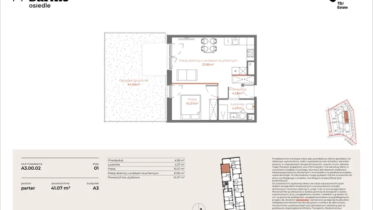 Rzut - Mieszkanie na sprzedaż 2 pokoje o powierzchni 41,07 m² - numer A3-00.02 w Sarnie Osiedle