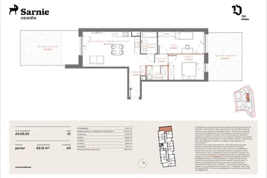 Rzut - Mieszkanie na sprzedaż 3 pokoje o powierzchni 65,15 m² - numer A3-00.03 w Sarnie Osiedle