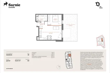 Rzut - Mieszkanie na sprzedaż 2 pokoje o powierzchni 42,41 m² - numer A3-00.04 w Sarnie Osiedle