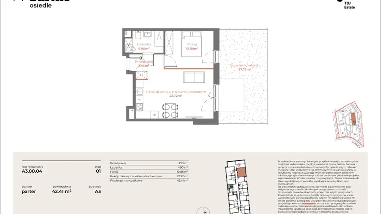 Rzut - Mieszkanie na sprzedaż 2 pokoje o powierzchni 42,41 m² - numer A3-00.04 w Sarnie Osiedle