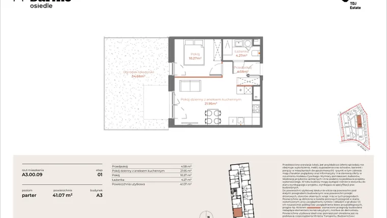 Rzut - Mieszkanie na sprzedaż 2 pokoje o powierzchni 41,07 m² - numer A3-00.09 w Sarnie Osiedle