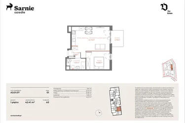 Rzut - Mieszkanie na sprzedaż 2 pokoje o powierzchni 42,41 m² - numer A3-01.07 w Sarnie Osiedle