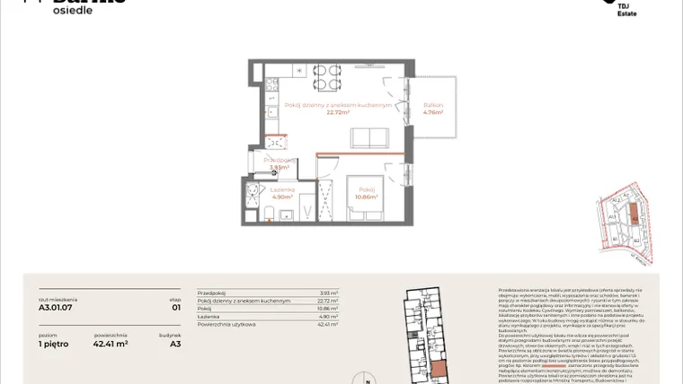 Rzut - Mieszkanie na sprzedaż 2 pokoje o powierzchni 42,41 m² - numer A3-01.07 w Sarnie Osiedle