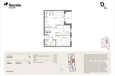 Rzut - Mieszkanie na sprzedaż 3 pokoje o powierzchni 51,47 m² - numer A3-02.05 w Sarnie Osiedle