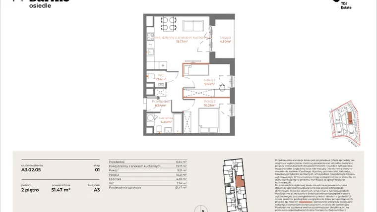 Rzut - Mieszkanie na sprzedaż 3 pokoje o powierzchni 51,47 m² - numer A3-02.05 w Sarnie Osiedle