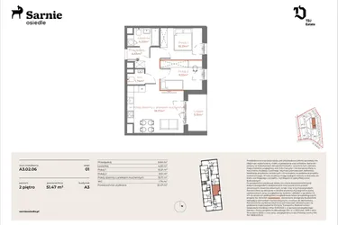 Rzut - Mieszkanie na sprzedaż 3 pokoje o powierzchni 51,47 m² - numer A3-02.06 w Sarnie Osiedle
