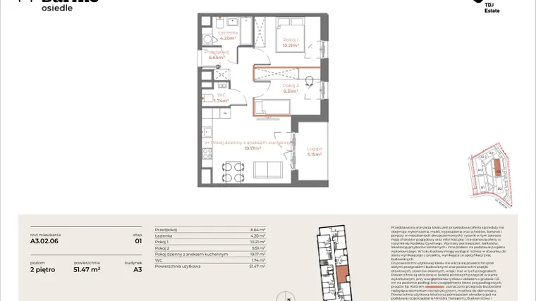 Rzut - Mieszkanie na sprzedaż 3 pokoje o powierzchni 51,47 m² - numer A3-02.06 w Sarnie Osiedle