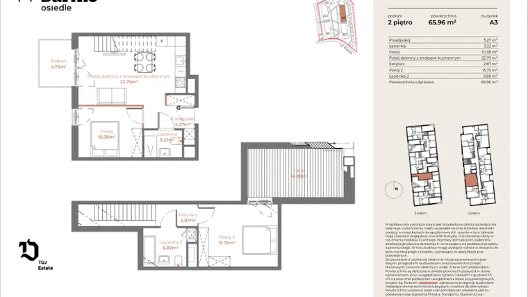 Rzut - Mieszkanie na sprzedaż 3 pokoje o powierzchni 65,96 m² - numer A3-02.10 w Sarnie Osiedle