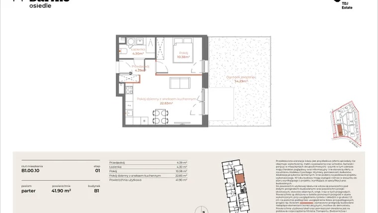 Rzut - Mieszkanie na sprzedaż 2 pokoje o powierzchni 41,9 m² - numer B1-00.10 w Sarnie Osiedle