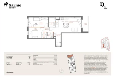 Rzut - Mieszkanie na sprzedaż 3 pokoje o powierzchni 65,15 m² - numer B1-01.08 w Sarnie Osiedle