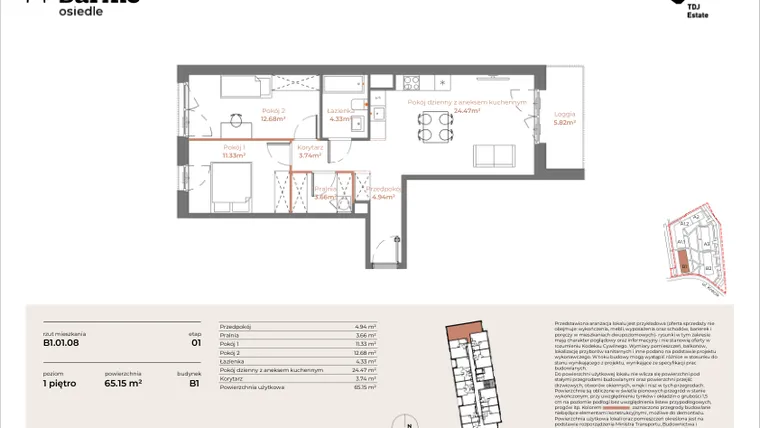 Rzut - Mieszkanie na sprzedaż 3 pokoje o powierzchni 65,15 m² - numer B1-01.08 w Sarnie Osiedle