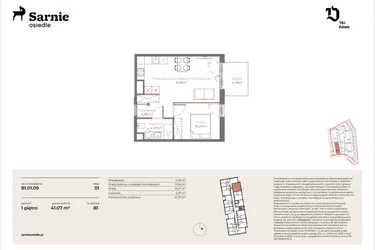 Rzut - Mieszkanie na sprzedaż 2 pokoje o powierzchni 41,07 m² - numer B1-01.09 w Sarnie Osiedle