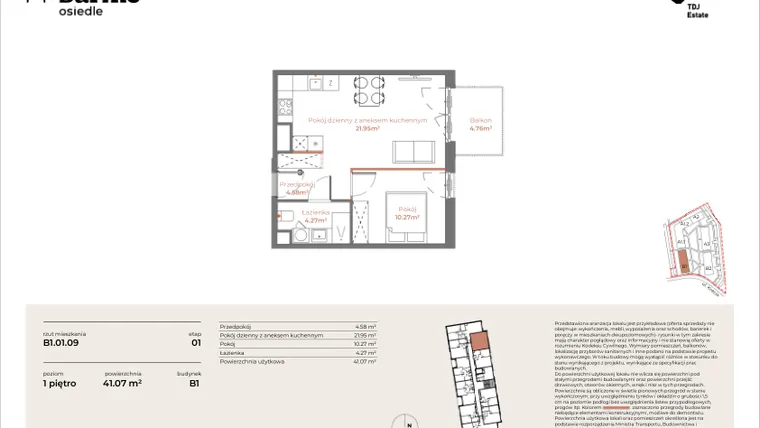 Rzut - Mieszkanie na sprzedaż 2 pokoje o powierzchni 41,07 m² - numer B1-01.09 w Sarnie Osiedle