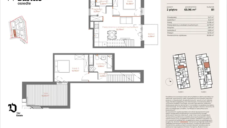 Rzut - Mieszkanie na sprzedaż 3 pokoje o powierzchni 65,96 m² - numer B1-02.10 w Sarnie Osiedle