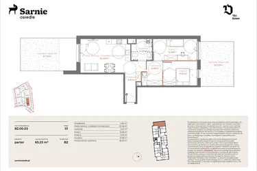 Rzut - Mieszkanie na sprzedaż 3 pokoje o powierzchni 65,23 m² - numer B2-00.03 w Sarnie Osiedle