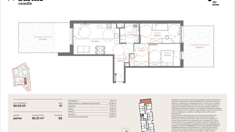 Rzut - Mieszkanie na sprzedaż 3 pokoje o powierzchni 65,23 m² - numer B2-00.03 w Sarnie Osiedle