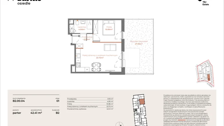 Rzut - Mieszkanie na sprzedaż 2 pokoje o powierzchni 42,41 m² - numer B2-00.04 w Sarnie Osiedle