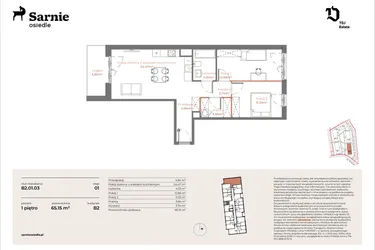 Rzut - Mieszkanie na sprzedaż 3 pokoje o powierzchni 65,15 m² - numer B2-01.03 w Sarnie Osiedle