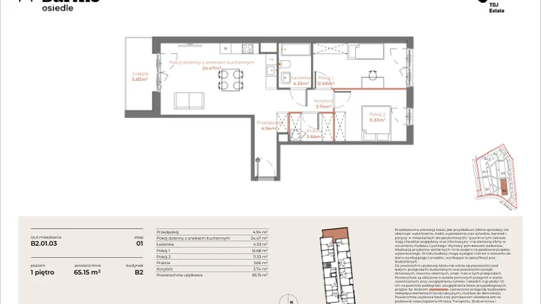 Rzut - Mieszkanie na sprzedaż 3 pokoje o powierzchni 65,15 m² - numer B2-01.03 w Sarnie Osiedle