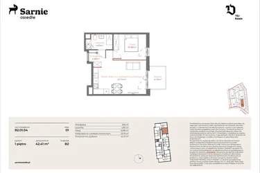 Rzut - Mieszkanie na sprzedaż 2 pokoje o powierzchni 42,41 m² - numer B2-01.04 w Sarnie Osiedle