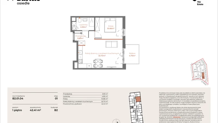Rzut - Mieszkanie na sprzedaż 2 pokoje o powierzchni 42,41 m² - numer B2-01.04 w Sarnie Osiedle