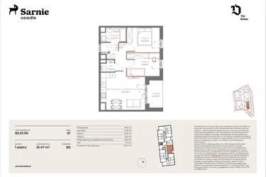 Rzut - Mieszkanie na sprzedaż 3 pokoje o powierzchni 51,47 m² - numer B2-01.06 w Sarnie Osiedle
