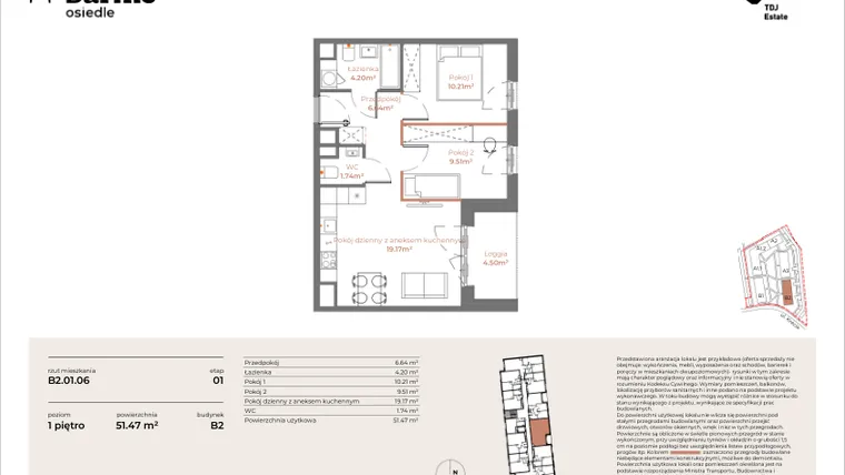 Rzut - Mieszkanie na sprzedaż 3 pokoje o powierzchni 51,47 m² - numer B2-01.06 w Sarnie Osiedle